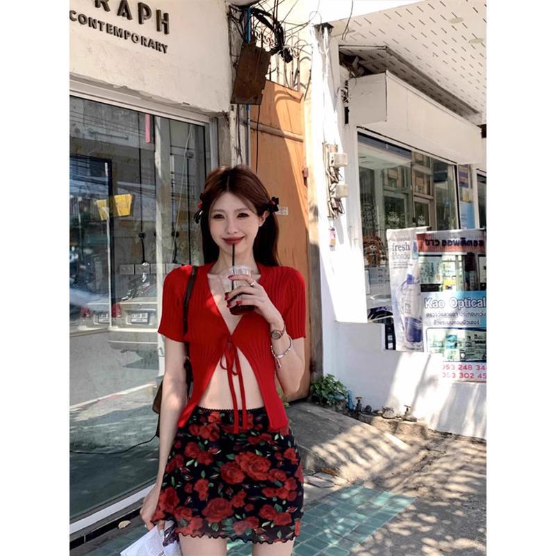 French Retro Red V-Neck Lace-Up Short-Sleeved Knitted Cardigan for Women Summer Thin Style Outer Wear Sun Protection Cover-Up Shawl Top