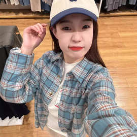 早秋韩系穿搭复古风纯棉格子衬衫女宽松百搭蓝色格纹衬衣外搭开衫