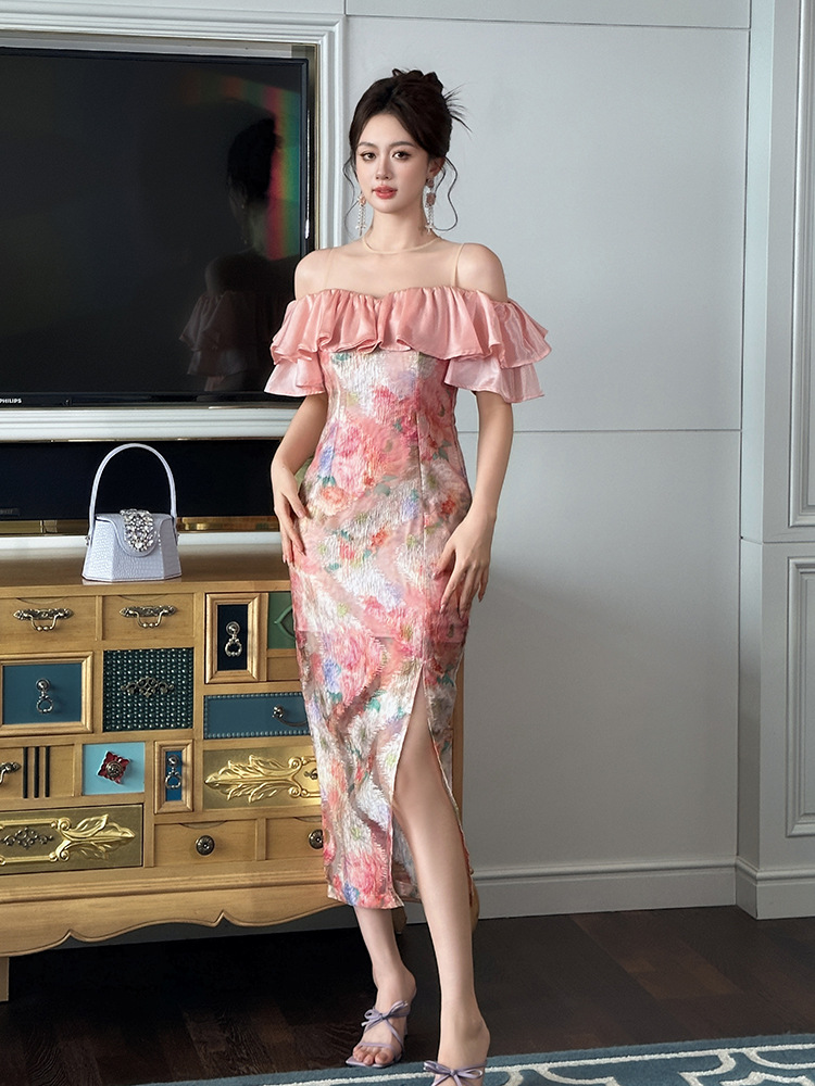 Đầm maxi nữ thiết kế kiểu Pháp trễ vai xếp bèo ôm eo in họa tiết — Màu hồng