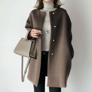 in stock Autumn/Winter 2024 Commuter Cardigan Slim-fit Round Neck Woolen Coat Cocoon-breasted Warm Top