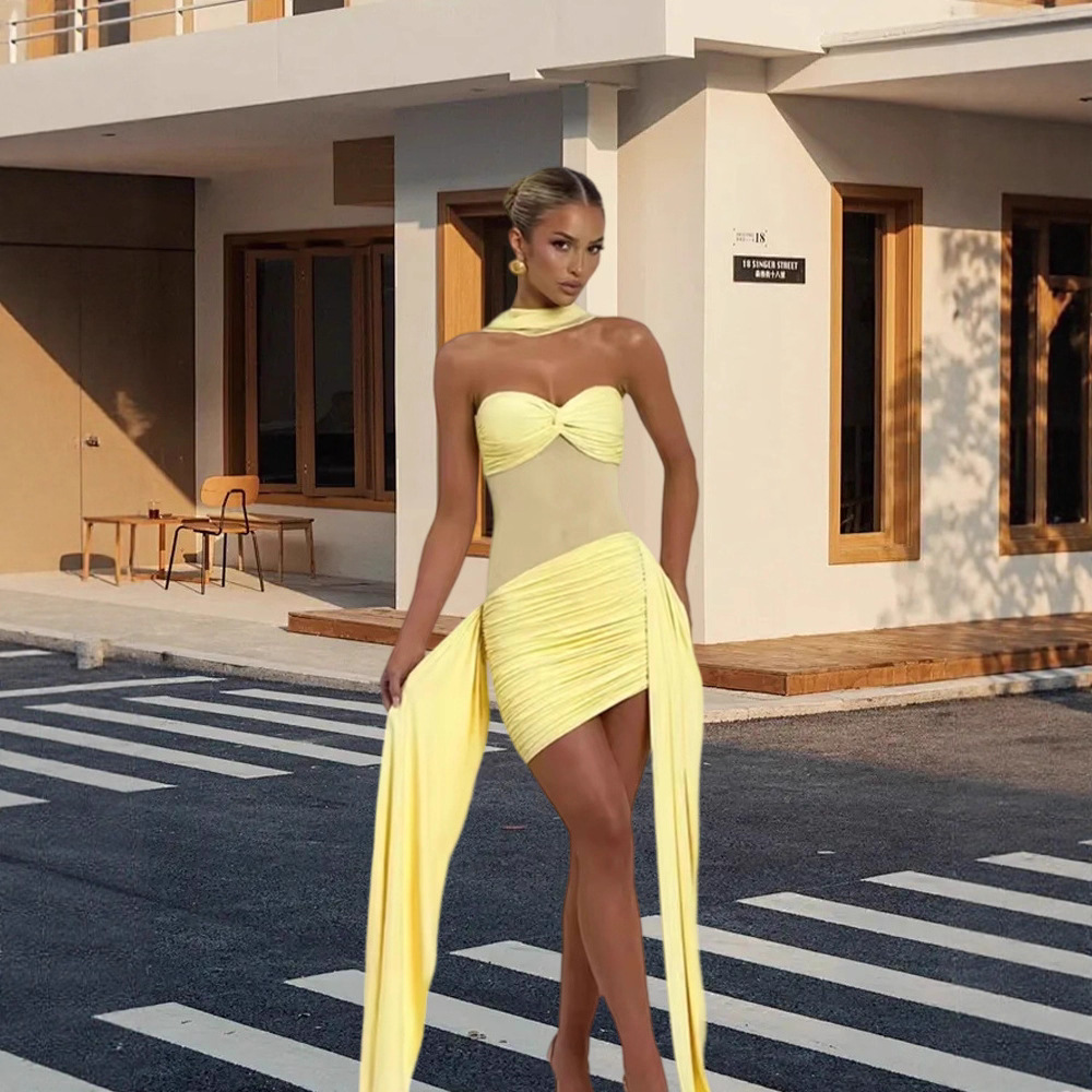 Ladies' Mesh Stitching Pure Color Tube-top Dress