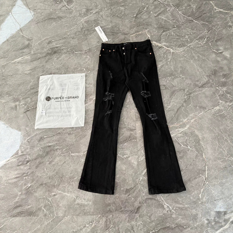 Cross-Border Foreign Trade Purple Brand Pure Black Stretchy Ripped Flared Textured Washed Jeans Unisex Style