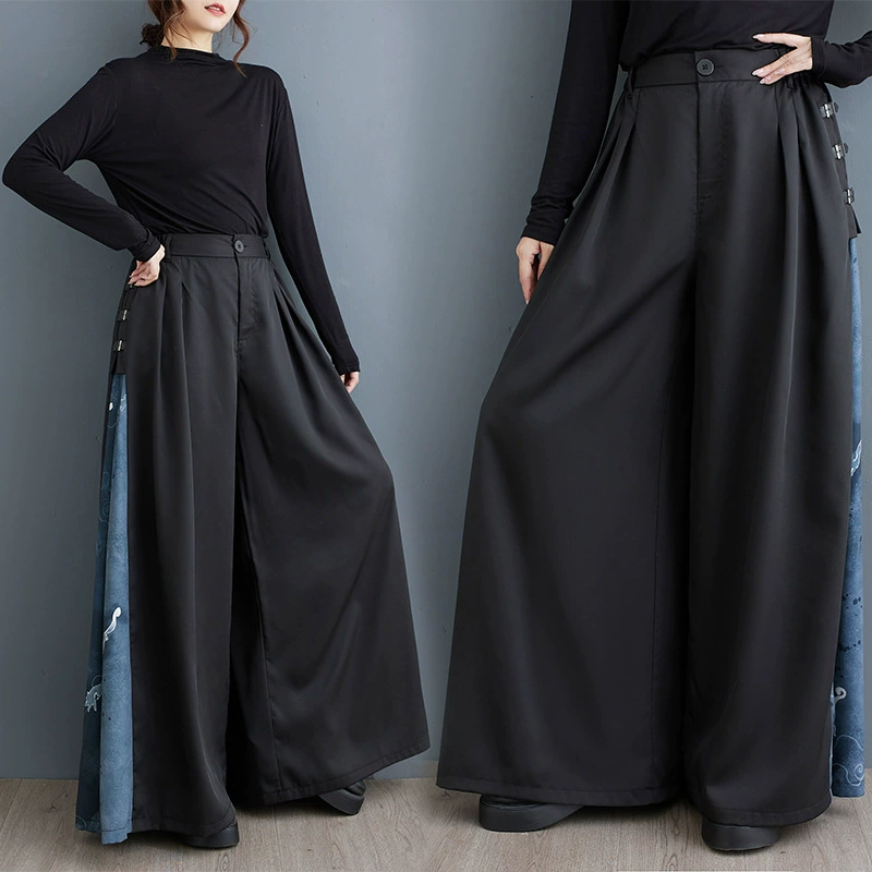 Фактический снимок новых свободных широких брюк лета и осени 2024 года, новых универсальных повседневных брюк с высокой талией и принтом в китайском стиле.