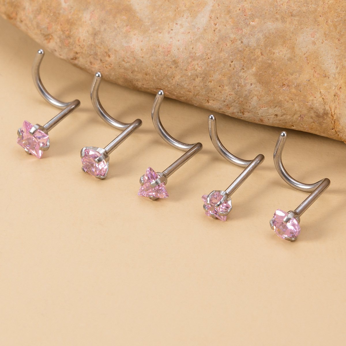 Cross-Border New Mixed Color Hao Stone Jewelry Geometric Stainless Steel Right Angle Stud Colorful Inlaid Diamond_voghion.com