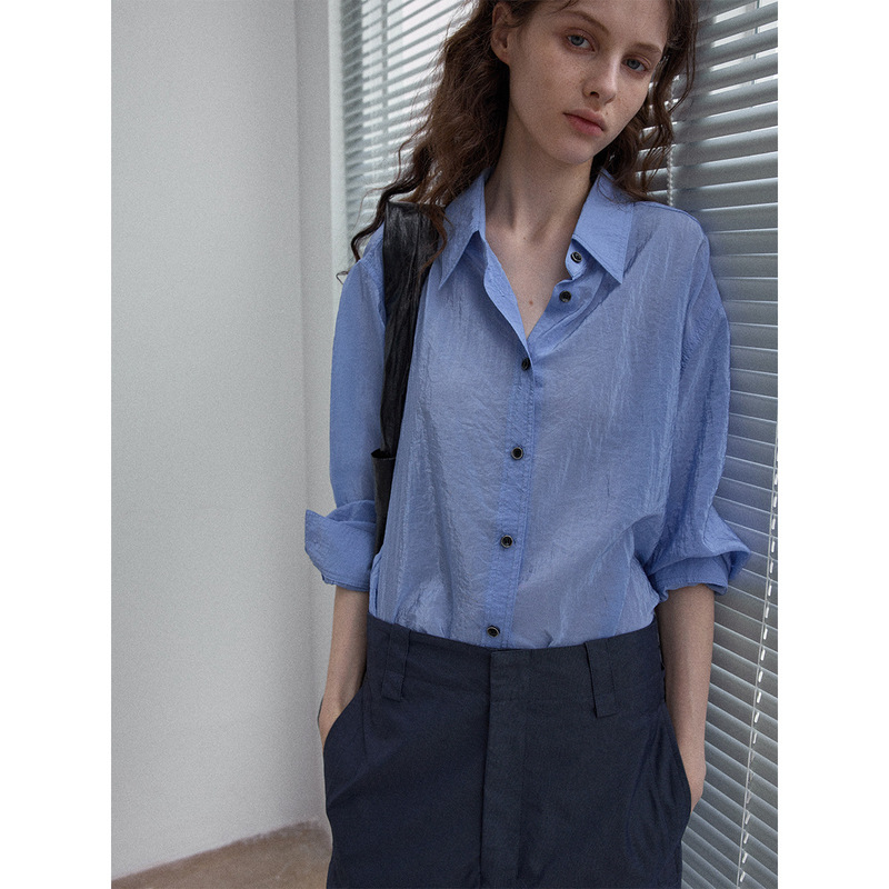 【识几】Textured Slightly Wrinkled Shiny Shirt for Women, Autumn Loose Fit Turn-Down Collar Long Sleeve Elegant Commuter Top M9182 【识几】Textured Slightly Wrinkled Shiny Shirt for Women, Autumn Loose Fit Turn-Down Collar Long Sleeve Elegant Commuter Top M9182
