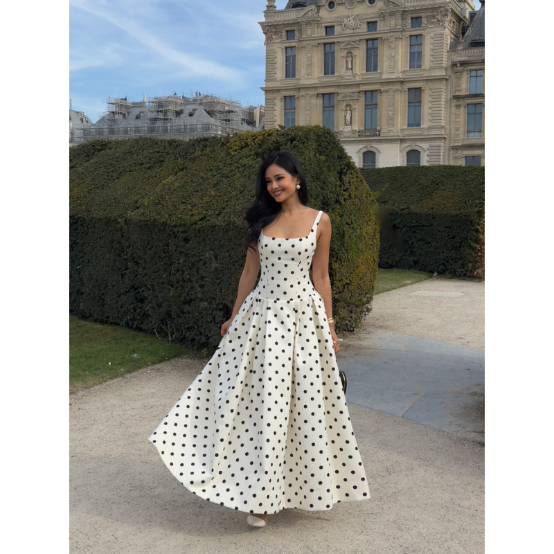 Real Shot-French Gentle Square Collar Polka Dot Waist Pleated Large Hem Suspender Dress 2025 Cross-Border European and American Style