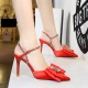 221-H32 Korean Banquet Summer High Heels, Shallow Mouth, Pointed Silk, Water Diamond, One Bow Sandals for Women