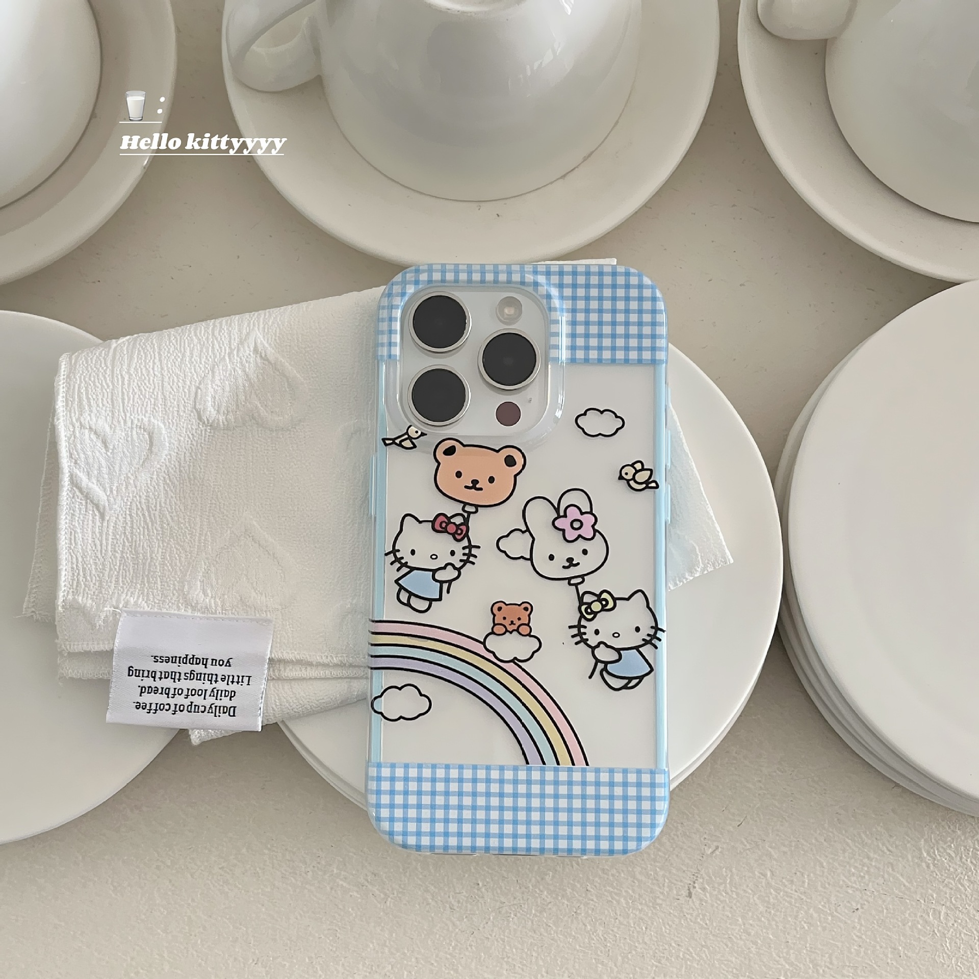 Pequeño gato KT arco iris a cuadros azul fresco para Apple 16ProMax funda para teléfono móvil 15/14 pareja nuevo 15P