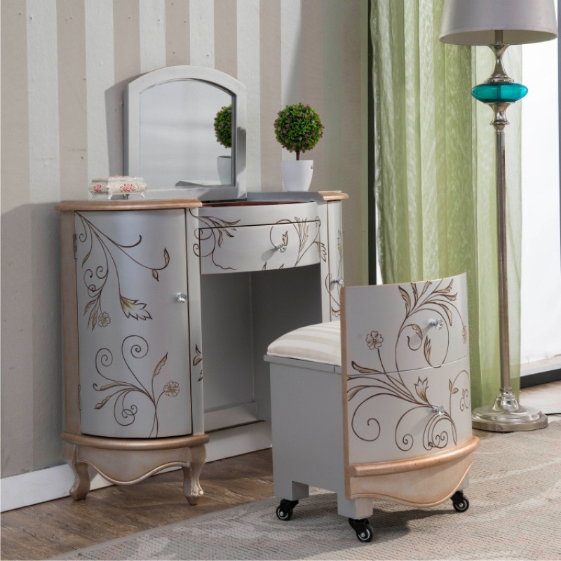 美式彩绘梳妆台+梳妆凳地中海风格卧室梳妆柜化妆桌带镜子半圆形