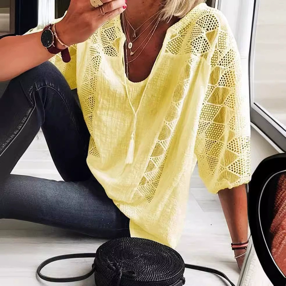 2025 loose AliExpress Amazon wish new European and American lace stitching U-collar seven-point sleeve top 2025 loose AliExpress Amazon wish new European and American lace stitching U-collar seven-point sleeve top