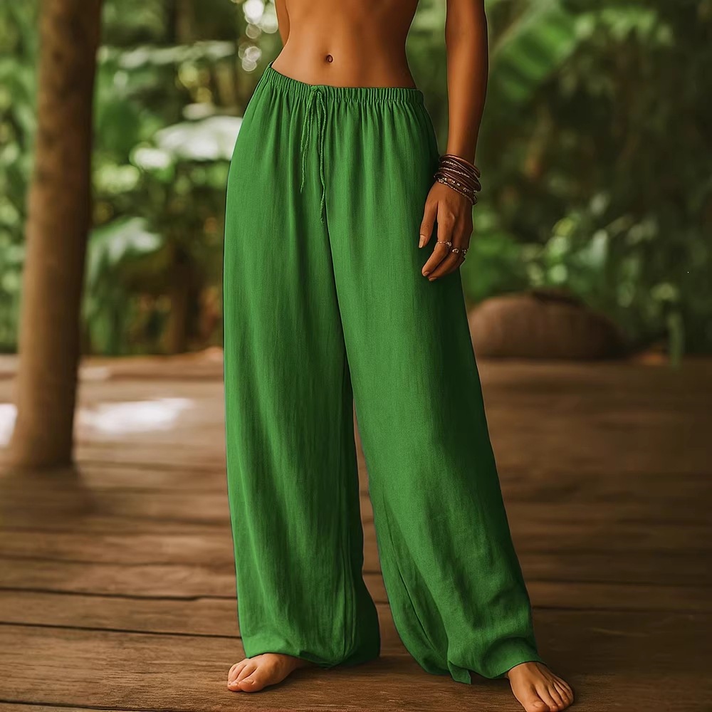 Women's Clothing Women's Cotton Linen Loose Straight Leg Pants With Elastic Waist And Pockets Solid Color Casual Bottoms_ecoleips.com