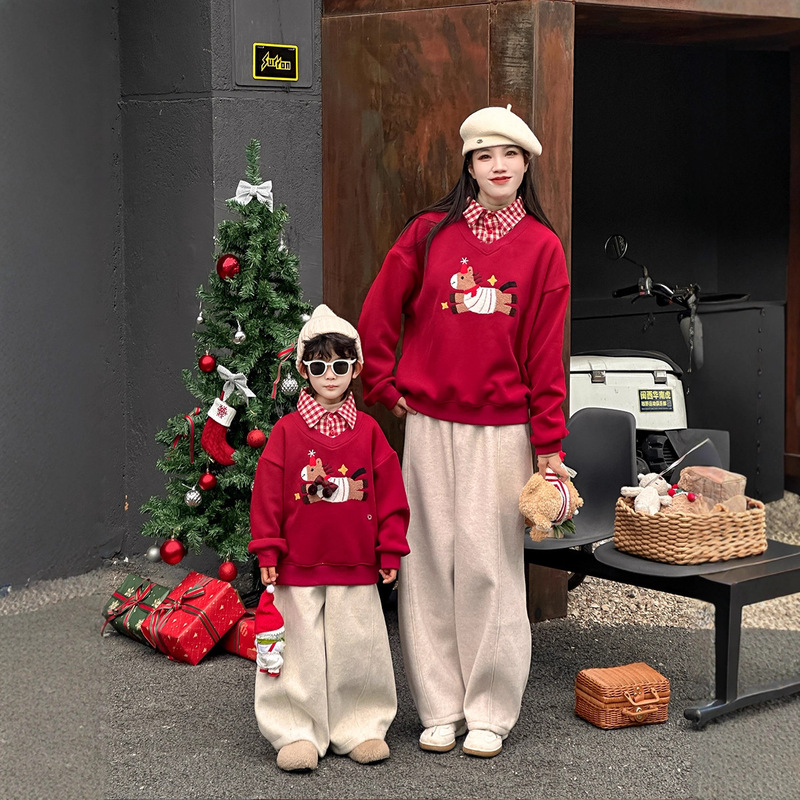 Play Together Family Wear Mother and Child Mother and Daughter Wear Christmas and New Year Red Sweatshirt Kidsren's Shirt Fake Two-Piece Collar Velvet Sweatshirt