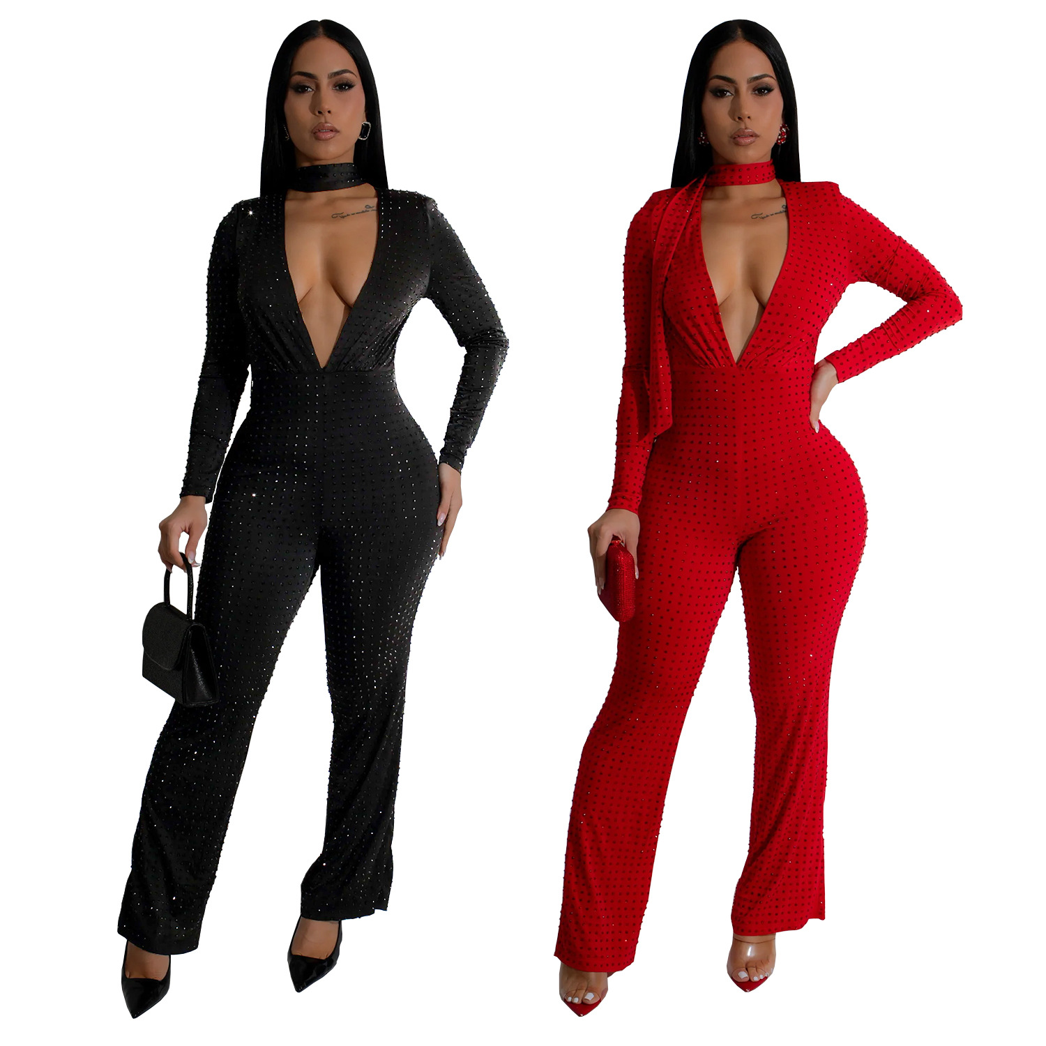 C7213 Aliexpress transfronterizo Amazon Europa y América ropa de moda femenina sexy cuello v manga larga bolsas de brazo de diamante caliente New Jumpsuit