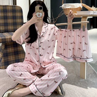 春夏季睡衣女大牌短袖短裤翻领开衫印花豹子套装冰丝家居服三件套