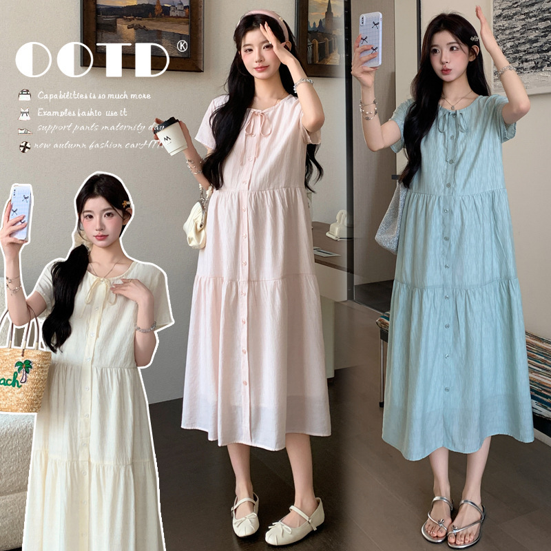 Elegant~2026 Summer New Style Maternity Textured Tie-Up Layered Single-Breasted Open-Front Long Sweet Dress Elegant~2026 Summer New Style Maternity Textured Tie-Up Layered Single-Breasted Open-Front Long Sweet Dress