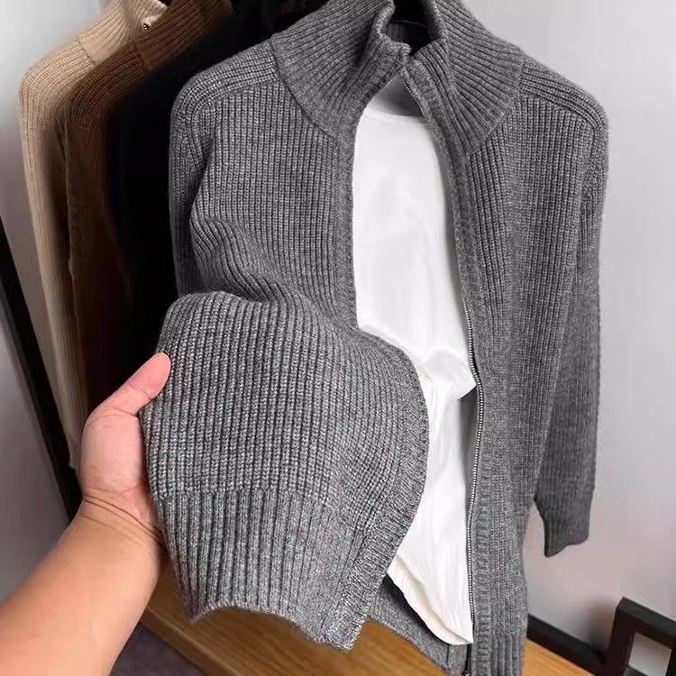 Light Luxury New Shirt Autumn and Winter Thick Sweater Jacket Double Zipper Stand Collar Cardigan Men's Jacket Thick Sweater