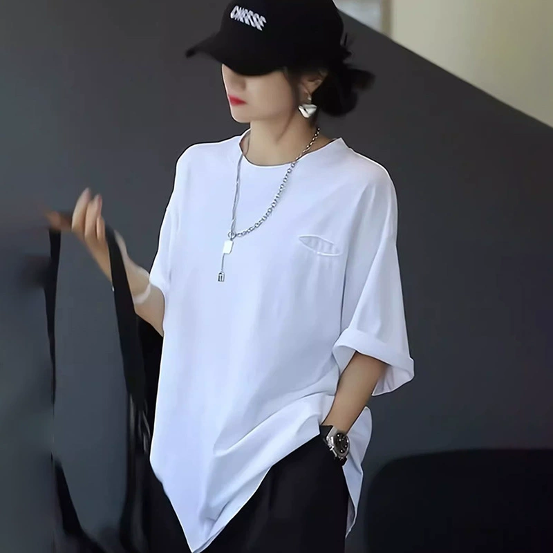 Белая стильная футболка с короткими рукавами для женщин, новинка 2025 года, популярная летняя одежда, модный бренд, большая версия, свободный топ с половиной рукавов средней длины