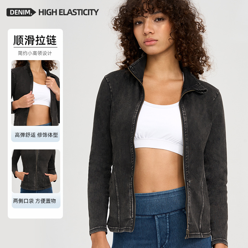 Nuevo cross-border jeans de cuello vertical chaqueta de yoga mujer delgada cuerpo apertado alto elástico doble bolsillo cremallera camisa de fitness de manga larga
