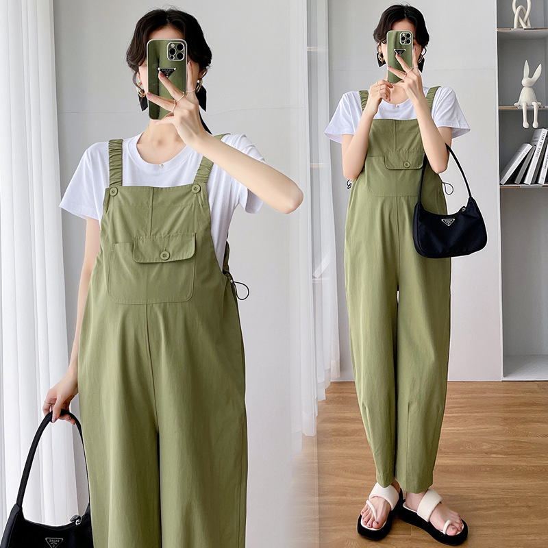 Maternity Overalls Summer Thin Set Loose Fit Large Size Maternity Wear Pure Cotton Suspenders Pants High Waist for Summer