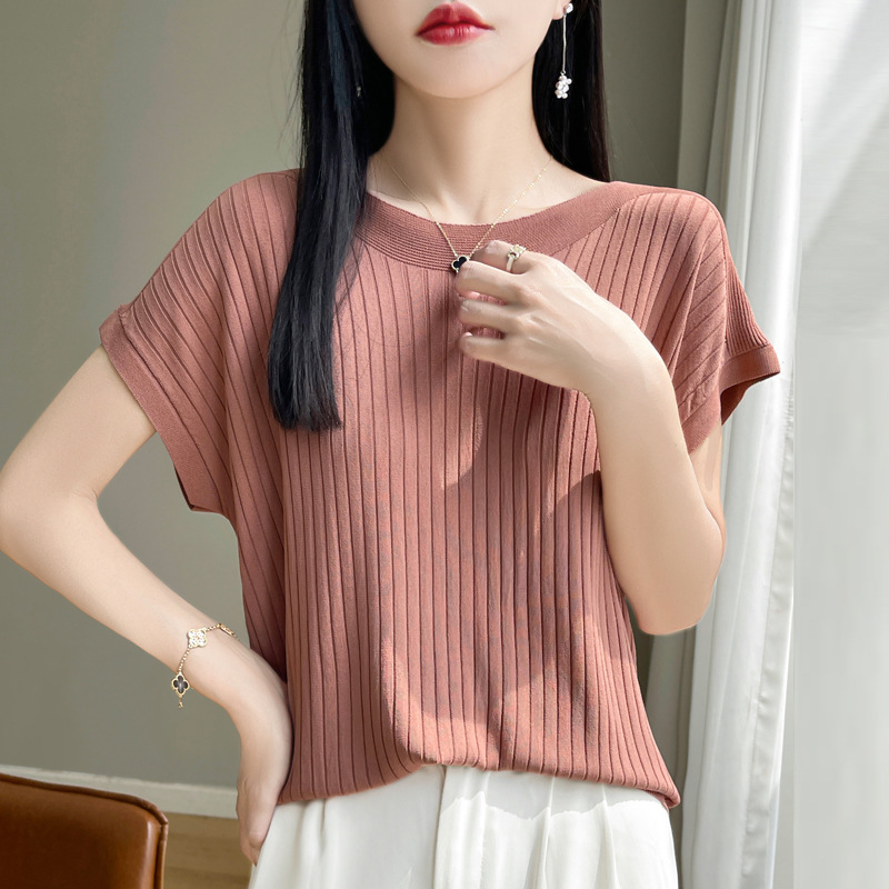Summer New Style One-Line Collar Ice Silk Knitted Short-Sleeved Women's Casual Loose Slimming Look Half-Sleeved Bottoming Thin Top T-Shirt Batch