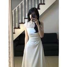 【锐达】白色吊带连衣裙2024女新款方领法式收腰小众领证长裙子