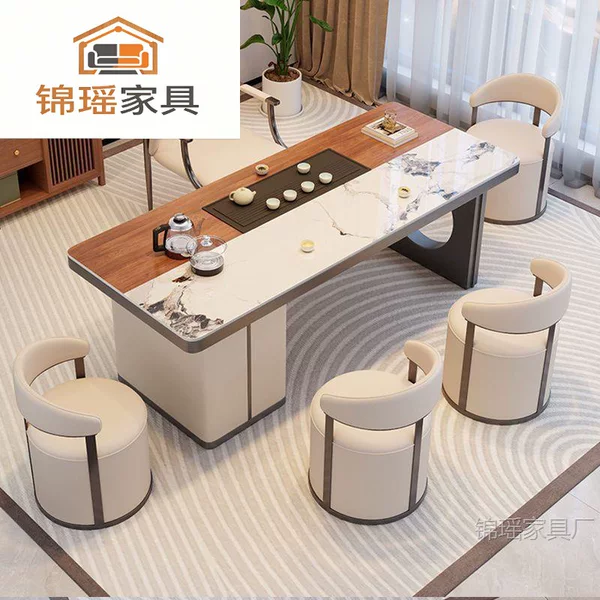 Italian-style light luxury two-tone rock slab tea table, a complete set of high-end office tea tables for home living room reception