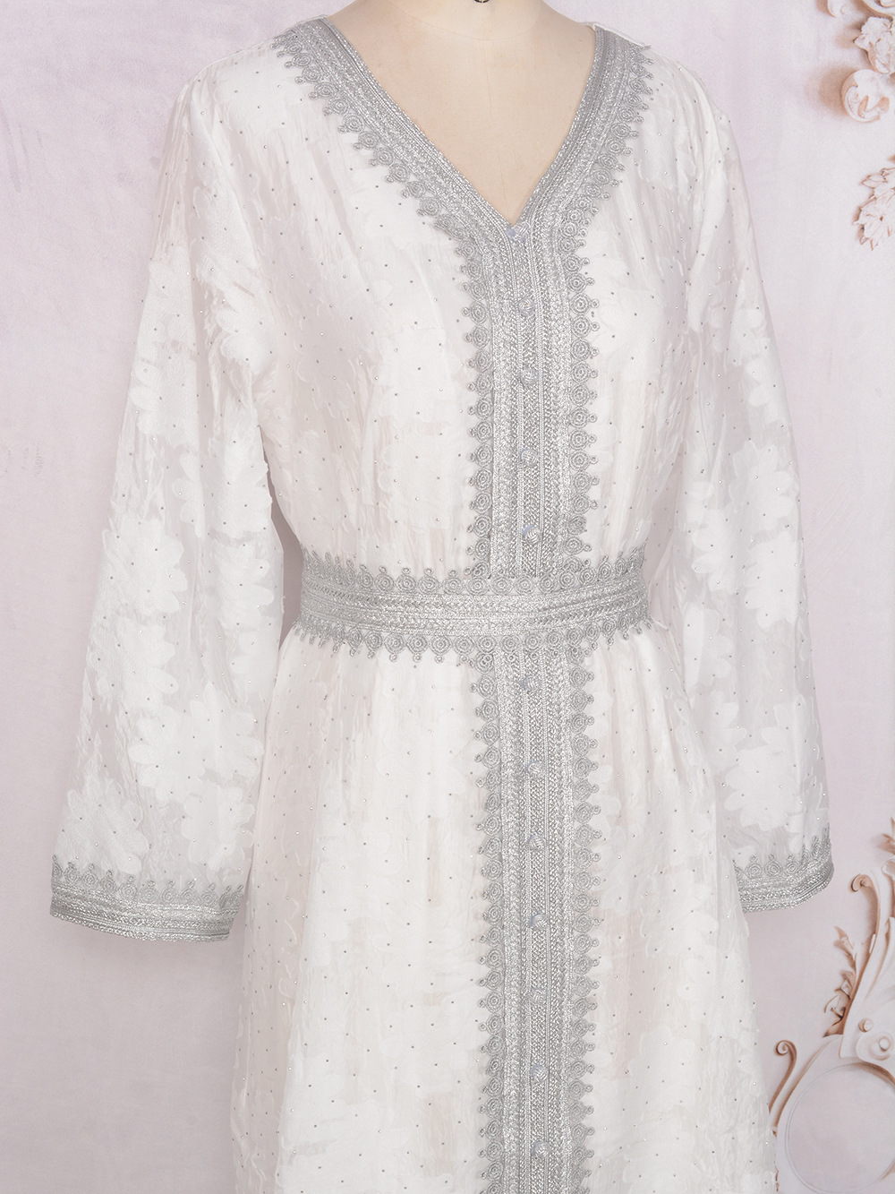 MT046 V-neck Dress, Middle Eastern Cross-border Foreign Trade, Jacquard With Rhinestones, Silver Lace Robe,_ecoleips.com