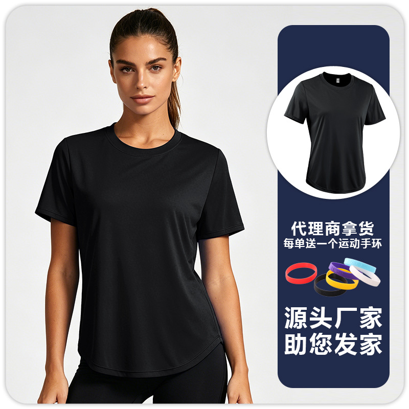 F8235 mujer color sólido protector solar transpiración sudor absorbible yoga ropa de fitness correr cuello redondo camiseta de manga corta camiseta deportiva image 7