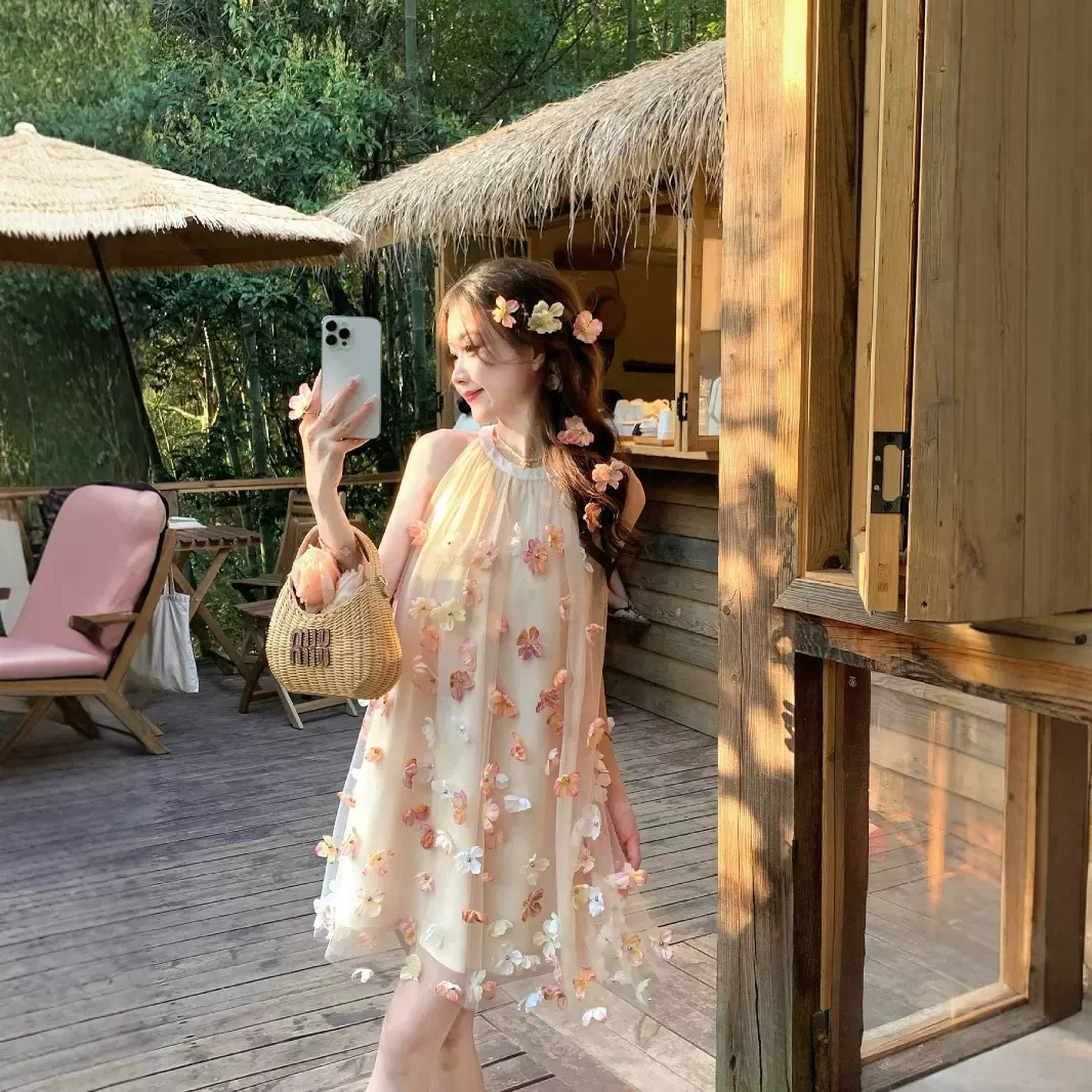 法式花朵挂脖连衣裙女夏日绝美生日在逃公主裙小个子网纱仙女裙子
