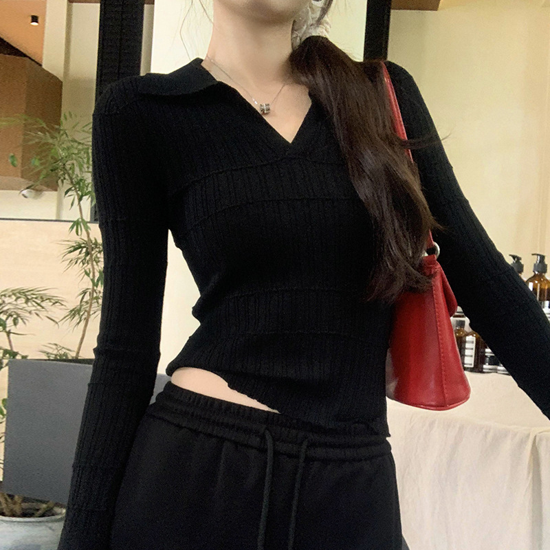 polo领喇叭长袖白色针织打底衫女新款入秋高级感穿搭修身chic上衣|undefined