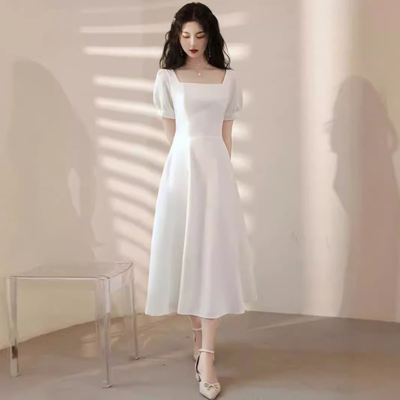 High-end Little Girl's Small White Dress, Certificate, Wedding Registration Dress, Simple Mid-length Dress for Daily Wear