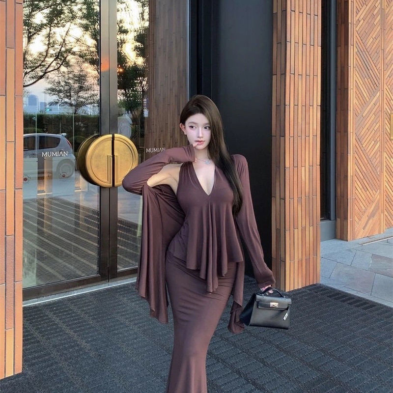 大码不规则长袖开衫外套上衣背心吊带秋季套装鱼尾半身裙三件套女|undefined
