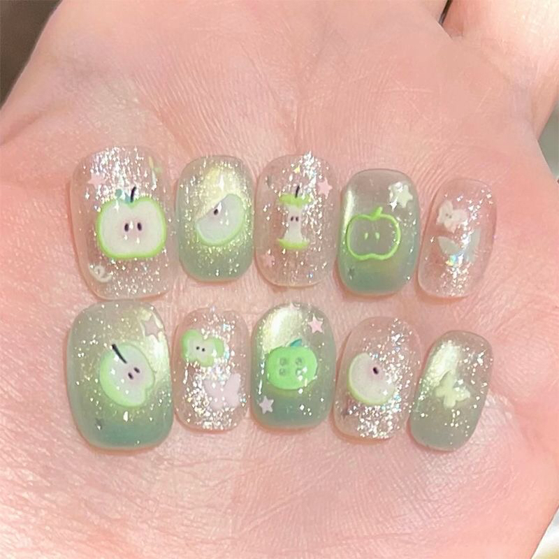 Green Apple Flashing Cat Eye Wearable Nails Short White Gradient Green Student Manicure Fake Nail Stickers Green Apple Flashing Cat Eye Wearable Nails Short White Gradient Green Student Manicure Fake Nail Stickers