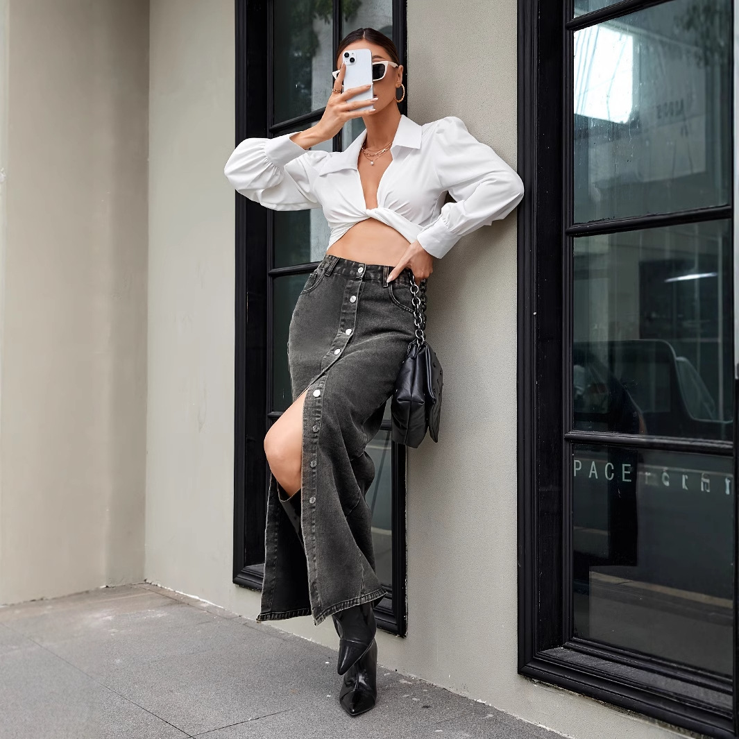 Women's Clothing Retro Trend Slit Multi Button Denim Skirt_voghion.com