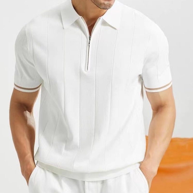 Summer Men's Short-Sleeved Slim Knitted Knitwear Accessible Luxury Polo Shirt Lapel Zipper Korean Style Short-Sleeved T-Shirt Breathable and Thin