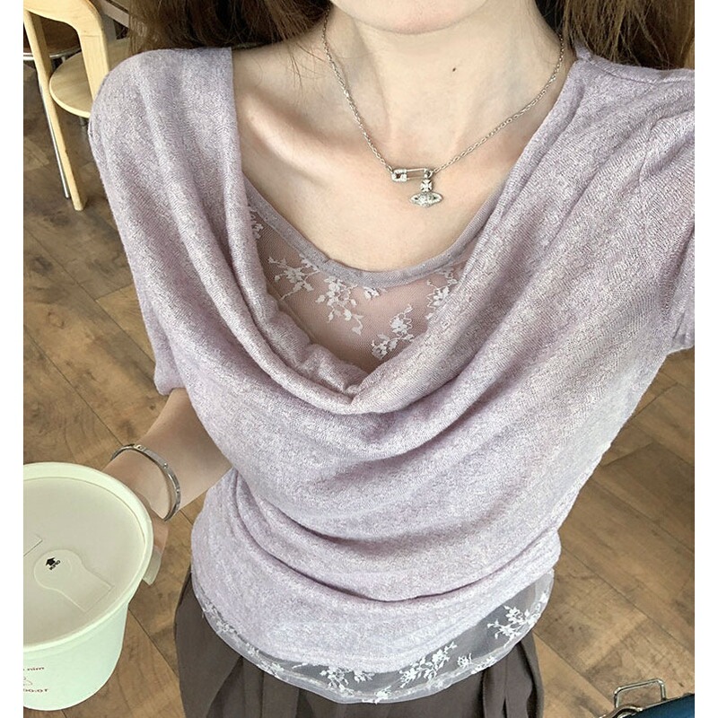 Purple Faux Two-Piece Lace Short-Sleeve Top for Women, Summer Style, Pure and Sexy Vibe, Waist-Cinching, Straight-Shoulder T-Shirt, Beautiful Top