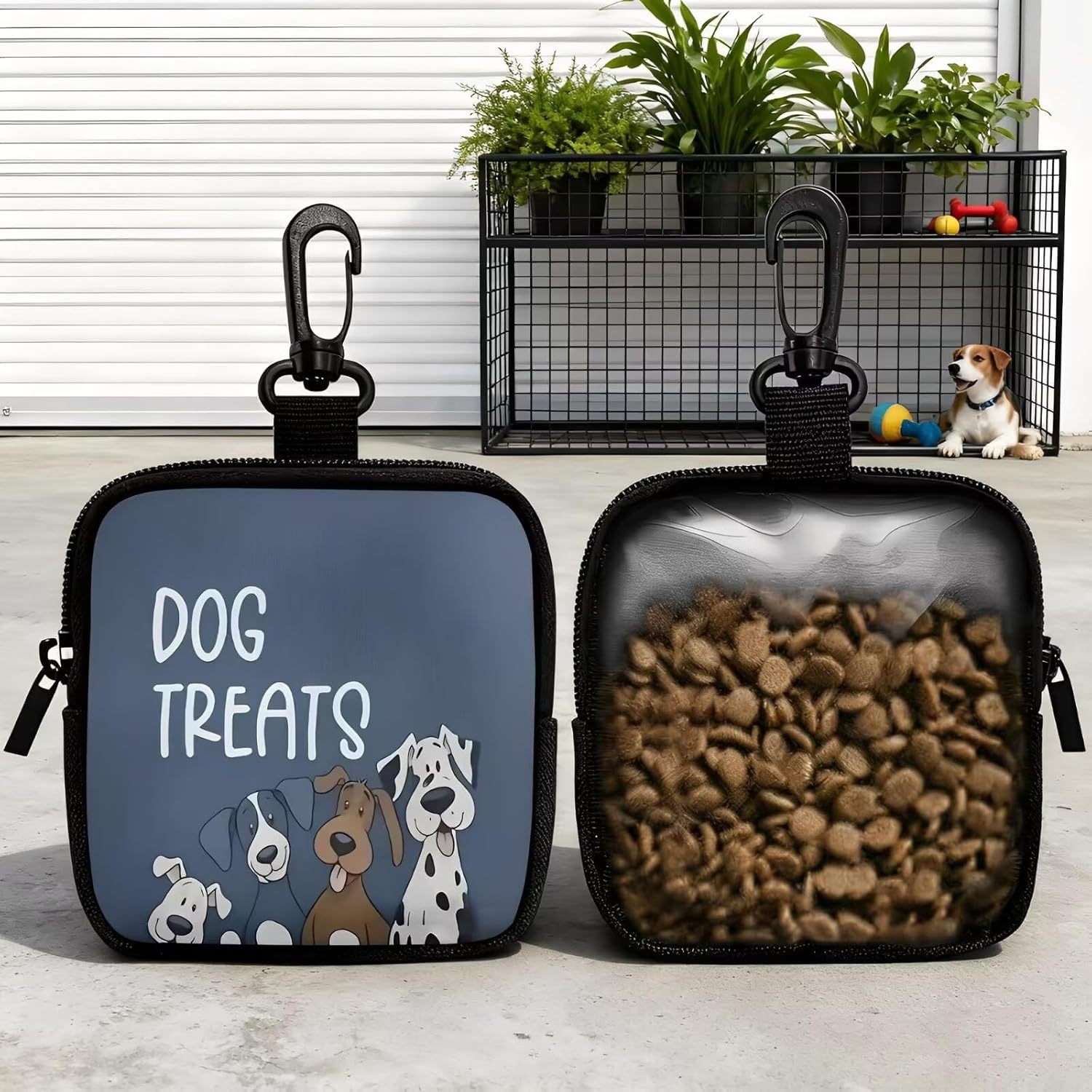 Portable Dog Snack Bag Cartoon Print Training Bag with Hook Transparent Zipper Pet Feeding Bag