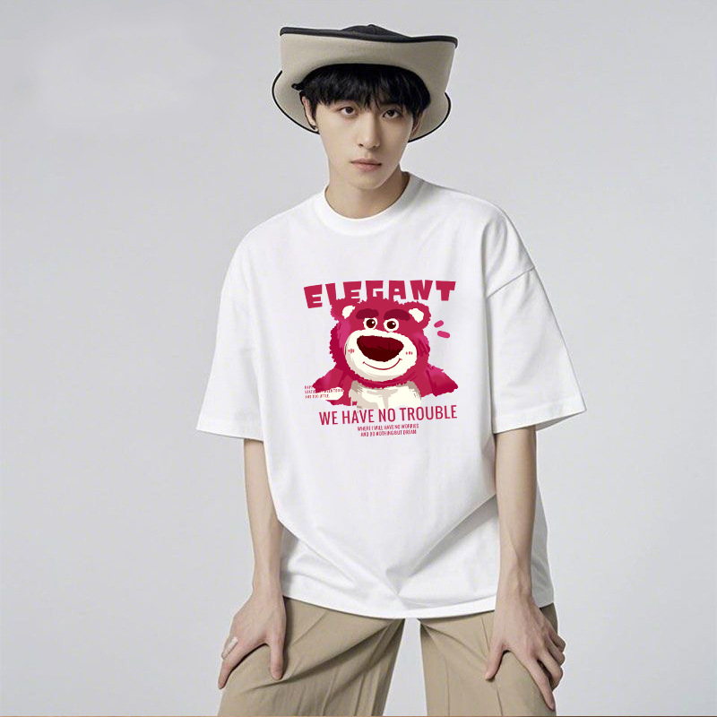 2026 impresión de oso de fresa versátil comercio exterior inns cuello redondo camiseta de manga corta camiseta casuales blanco T pareja