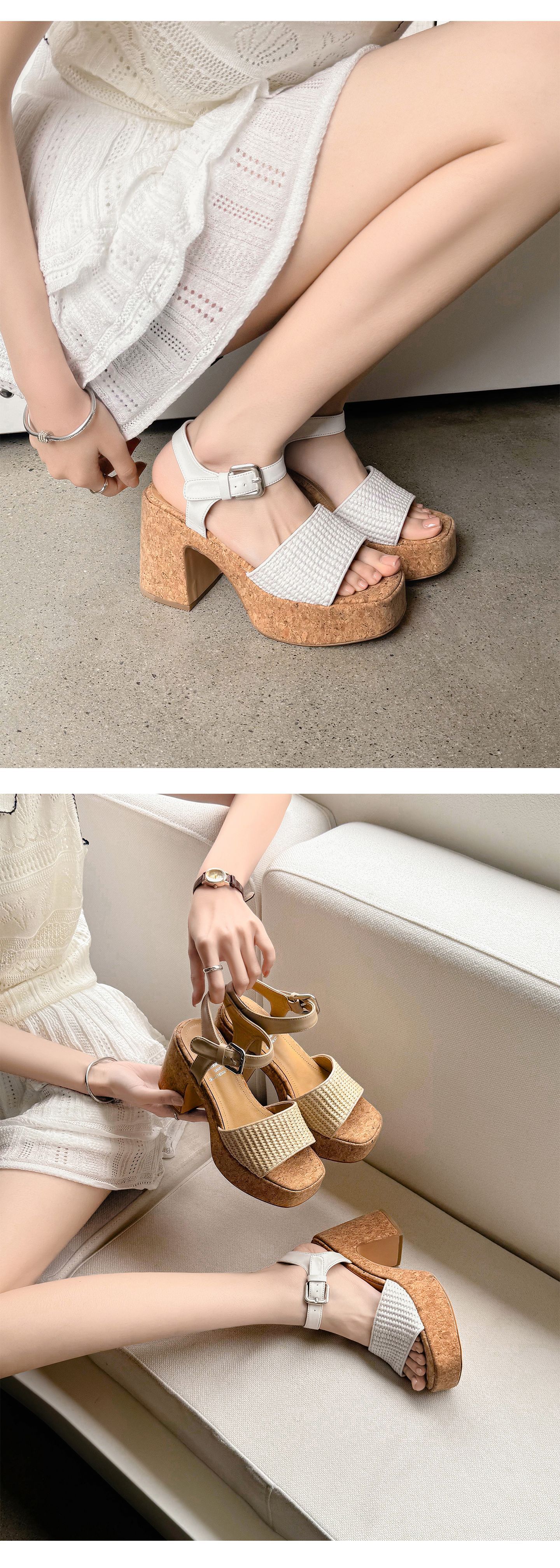 Sandal nữ quai ngang đan dây, đế dày, gót thô cao, hở mũi phong cách nghỉ dưỡng — màu trắng ngà, màu mơ chi tiết 13