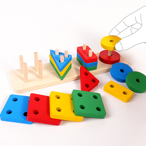Cross-border wooden building blocks four sets of columns geometric set of columns children's Montessori early education shape matching color cognitive toys