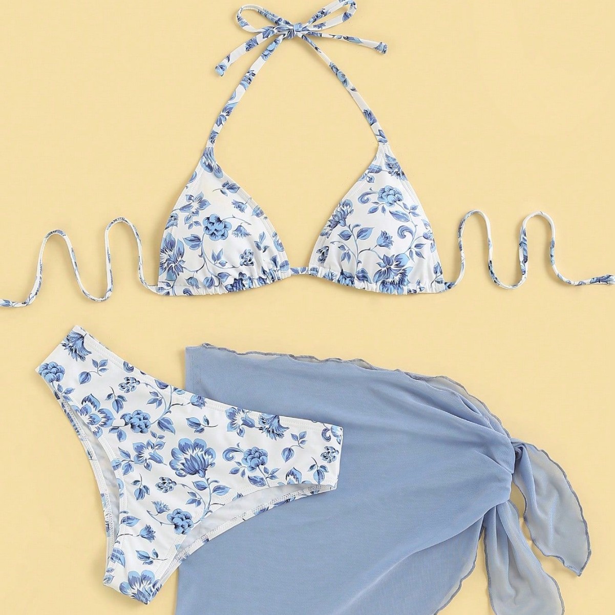 Maillot de bain bikini trois pièces à imprimé floral pour femme, taille nouée, sexy et très populaire_voghion.com