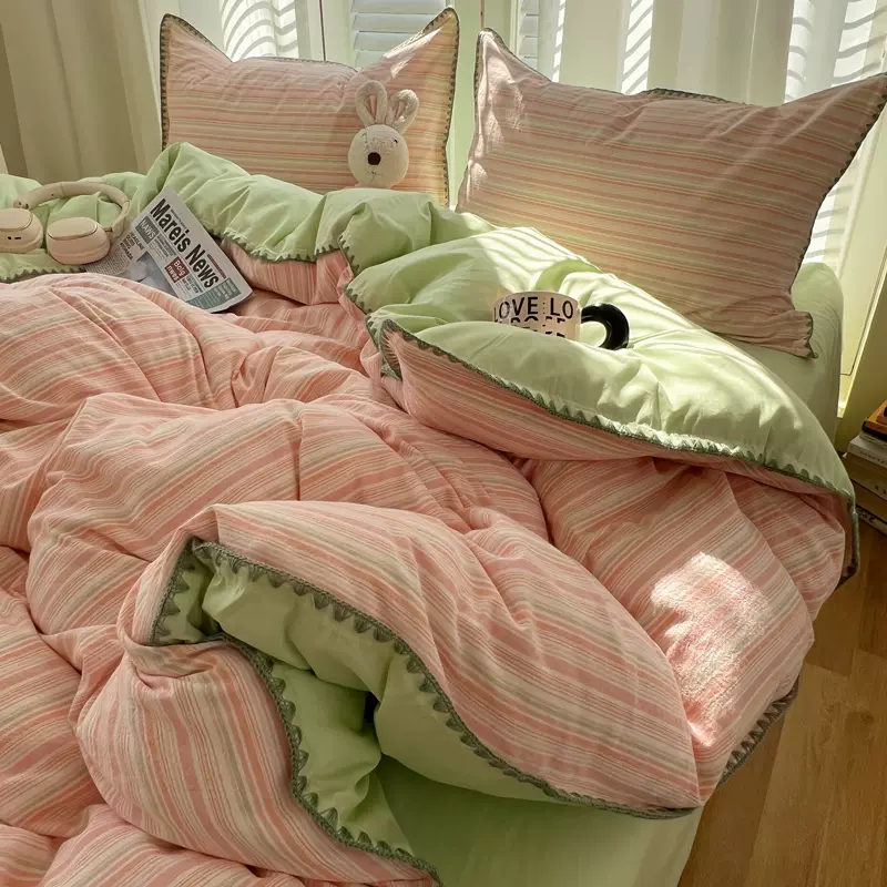 简约条纹柔软裸睡水洗全棉四件套少女心亲肤纯棉加大床学生床被套
