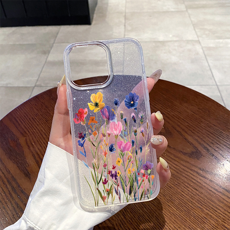 Cross-Border Special Supply of Flower and Grass Mobile Phone Case Apple 14Pro Protective Cover European and American Glitter Transparent Shell Iphone15 Anti-Fall