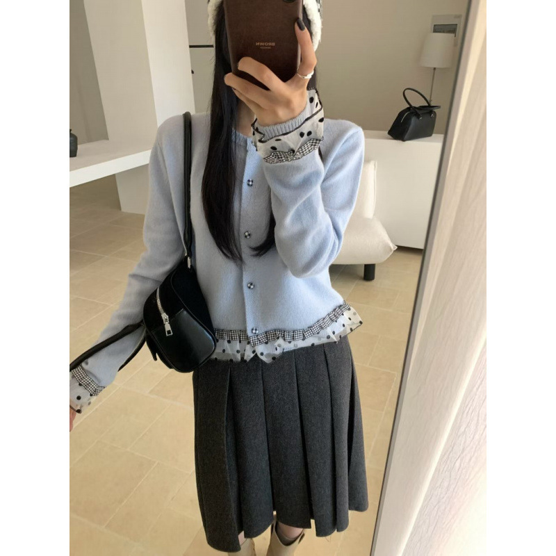 韩版甜美减龄气质波点蕾丝拼接针织开衫休闲百搭修身显瘦舒适毛衣|undefined