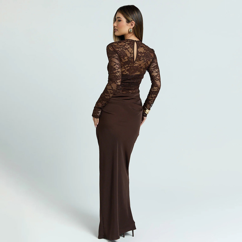 Primavera de estilo europeo y americano de ropa de mujer nuevo temperamento elegante cuello redondo de pecho de manga larga de encaje sexy vestido de empalme image 3