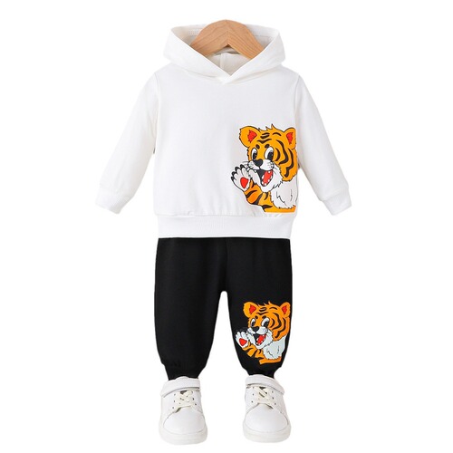 Children's Spring and Autumn Tiger Bear Cub Print Casual Sports Set for Boys: 2-Piece Sweatshirt and Sweatpants Set