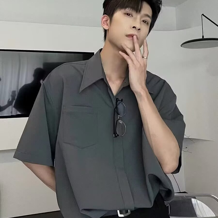 American High-End Short-Sleeved Shirt Men's Summer Loose No-Iron Solid Color Half-Sleeved Shirt Casual Handsome Jacket