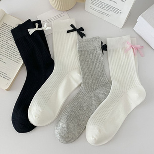 Socks Women's Mid-Calf Socks Thin Cotton Socks Summer Miu Bow Black and White Lolita Small Leather Shoes Pile Socks