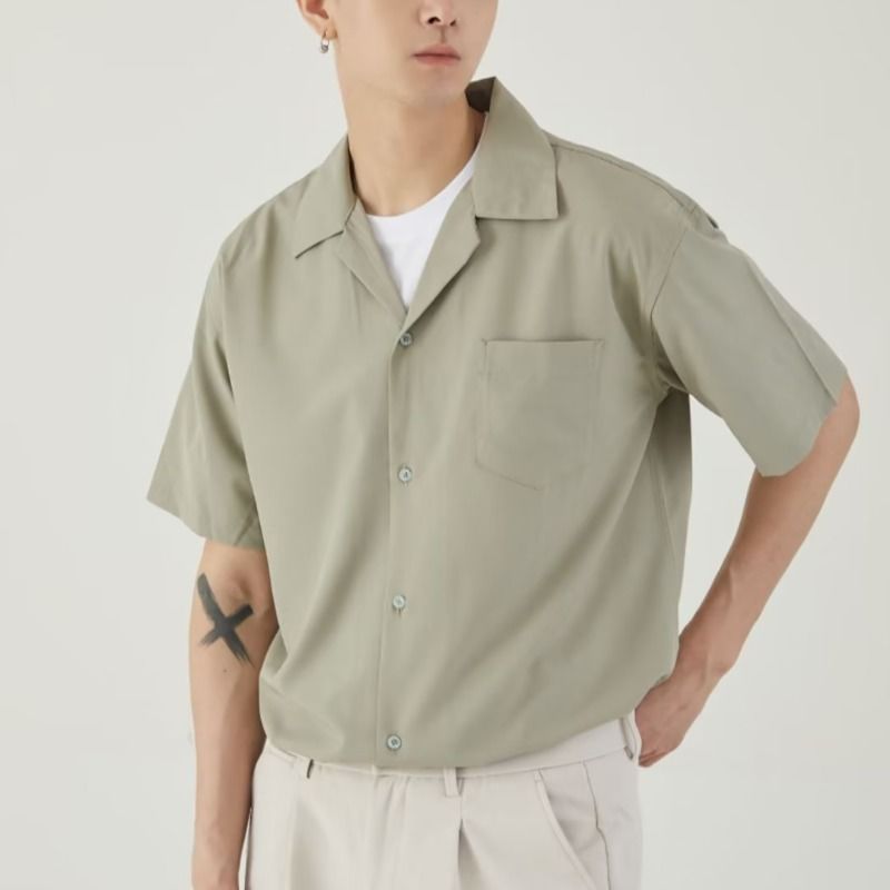 Handsome Men's Summer Thin Drapey Cuban Shirt Short-Sleeved Loose Hong Kong Style Japanese Men's Casual Color Shirt