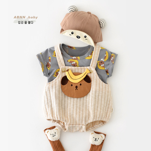 Summer new baby set cotton cartoon bear short-sleeved thin 0-3 year old boy and girl baby romper suit